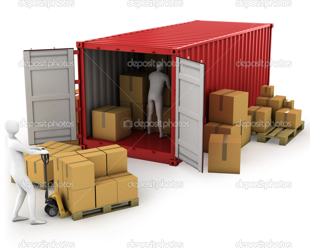 Two workers unload container, isolated on white background